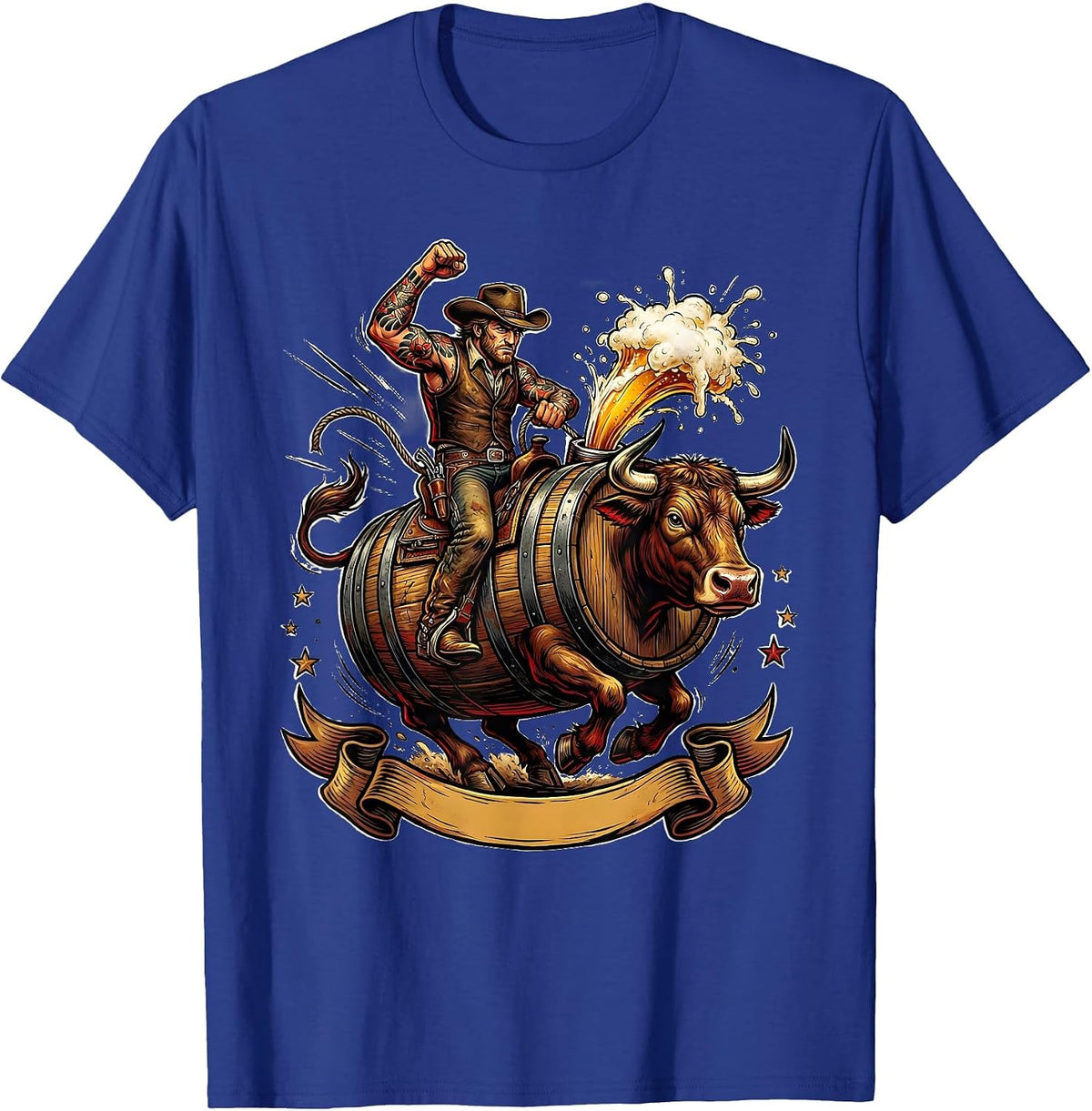 Men's Beer Barrel Bull Rider Funny Drinking Graphic T-Shirt - Royal Blue