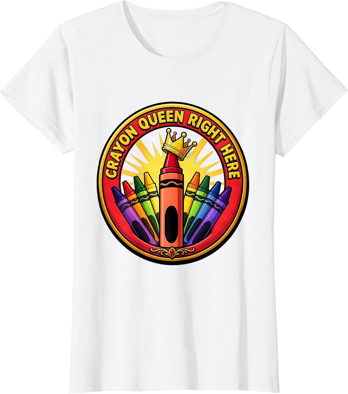 Women's Crayon Queen Here PreK Teacher Design T-Shirt - White