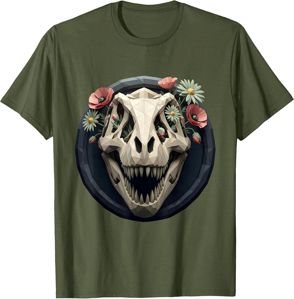 T-Rex Skull Floral Dinosaur Gothic Art Design T-Shirt - Olive Green