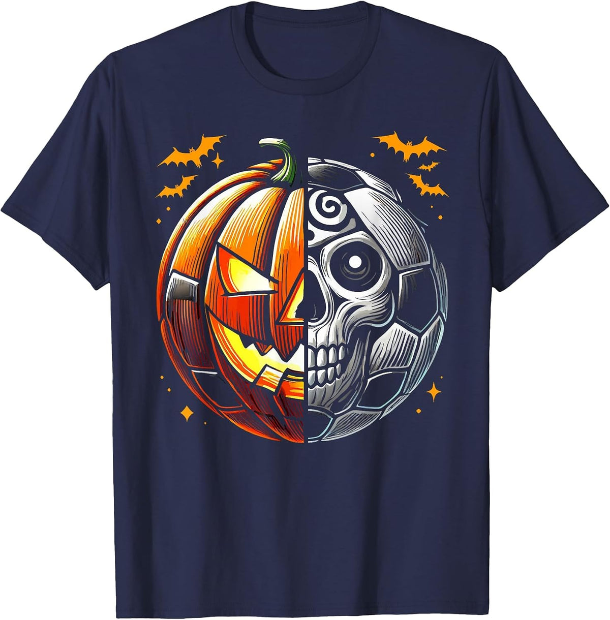 Halloween Soccer Ball Pumpkin Skull Soccer Player T-Shirt - Navy Blue
