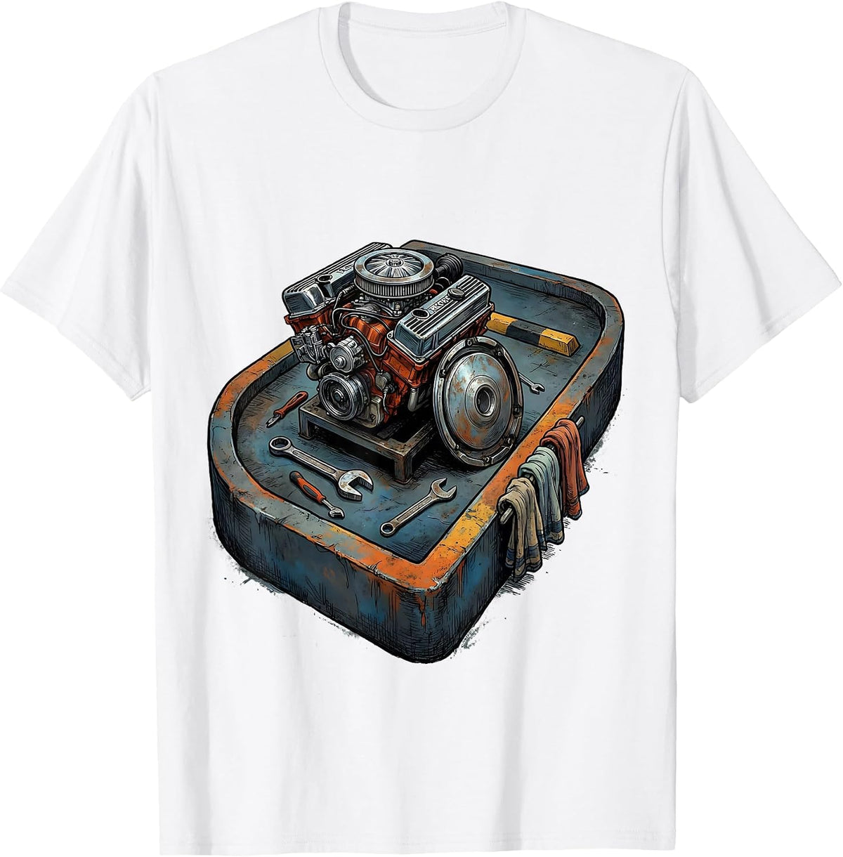 Men's V8 Engine Block Garage Floor Marker Funny Car Guy Mechanic T-Shirt - White