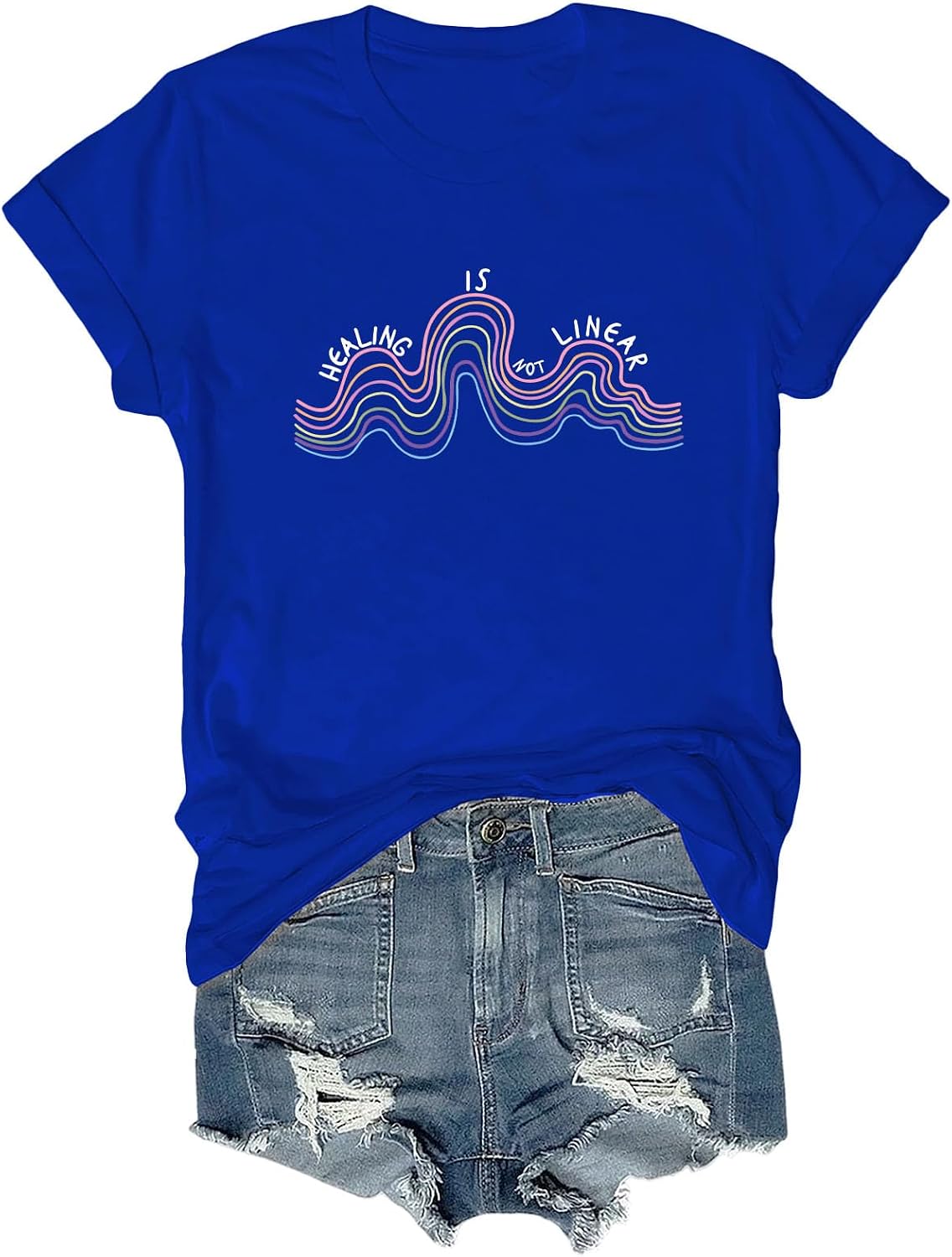 Healing is Not Linear T-Shirt, Mental Health Awareness Tee Inspirational Self Care Rainbow Shirt - Crewneck Sapphire Blue