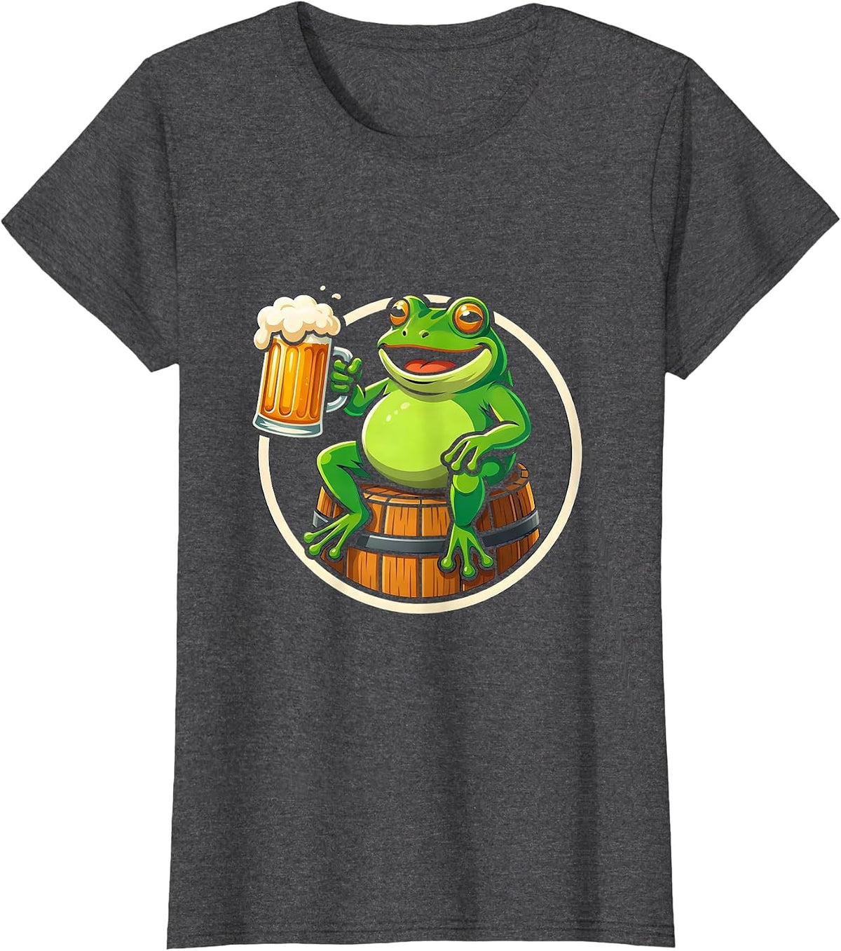 Women's Frog on a Barrel Beer Drinking Illustration T-Shirt - Dark Heather Grey