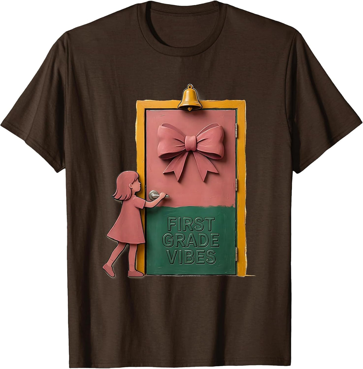 First Grade Vibes Storybook Girl Bow Back to School T-Shirt - Brown