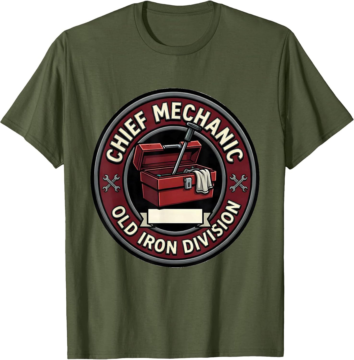 Men's Chief Mechanic Old Iron Division Cartoon Classic Car T-Shirt - Olive Green