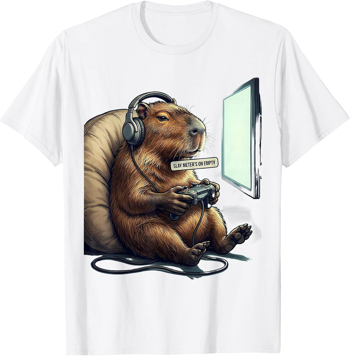 Men's Slay Meter's On Empty Funny Capybara Gamer Meme Humor T-Shirt - White