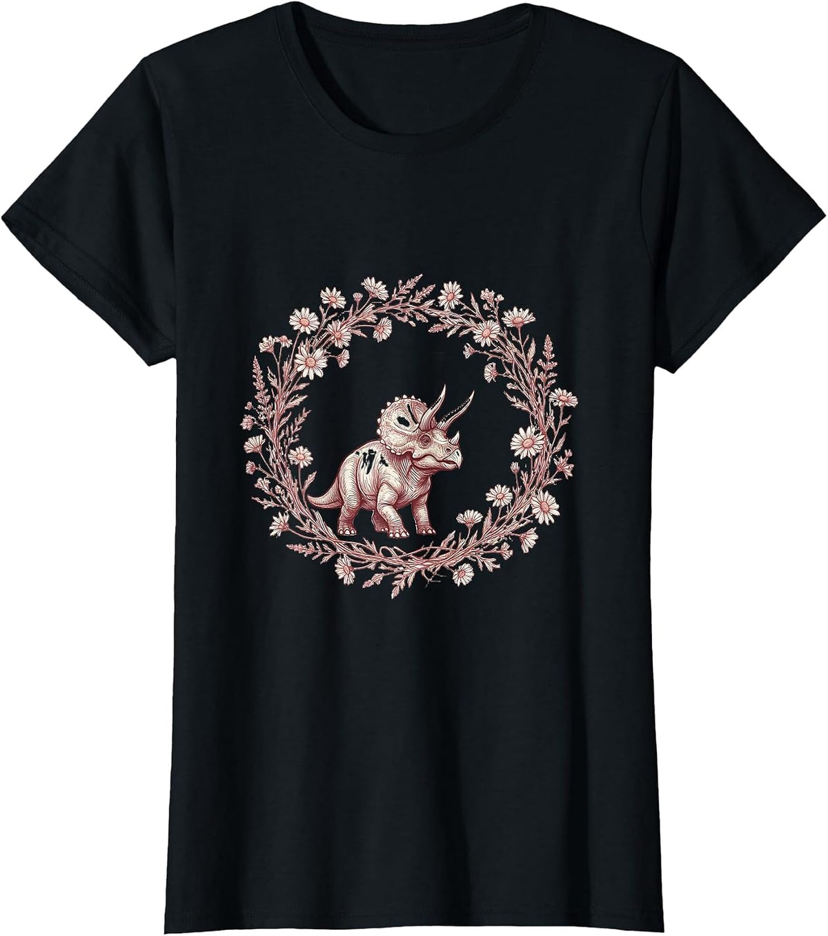 Baby Triceratops Flower Crown Dinosaur Illustration T-Shirt - Black