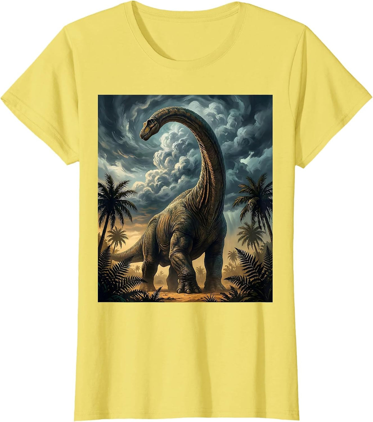 Women's Brachiosaurus Storm Clouds Dinosaur Illustration T-Shirt - Lemon Yellow