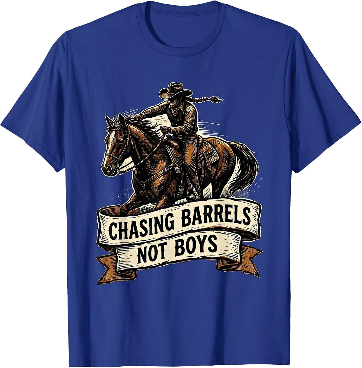 Chasing Barrels Not Boys Cowgirl Design T-Shirt - Royal Blue