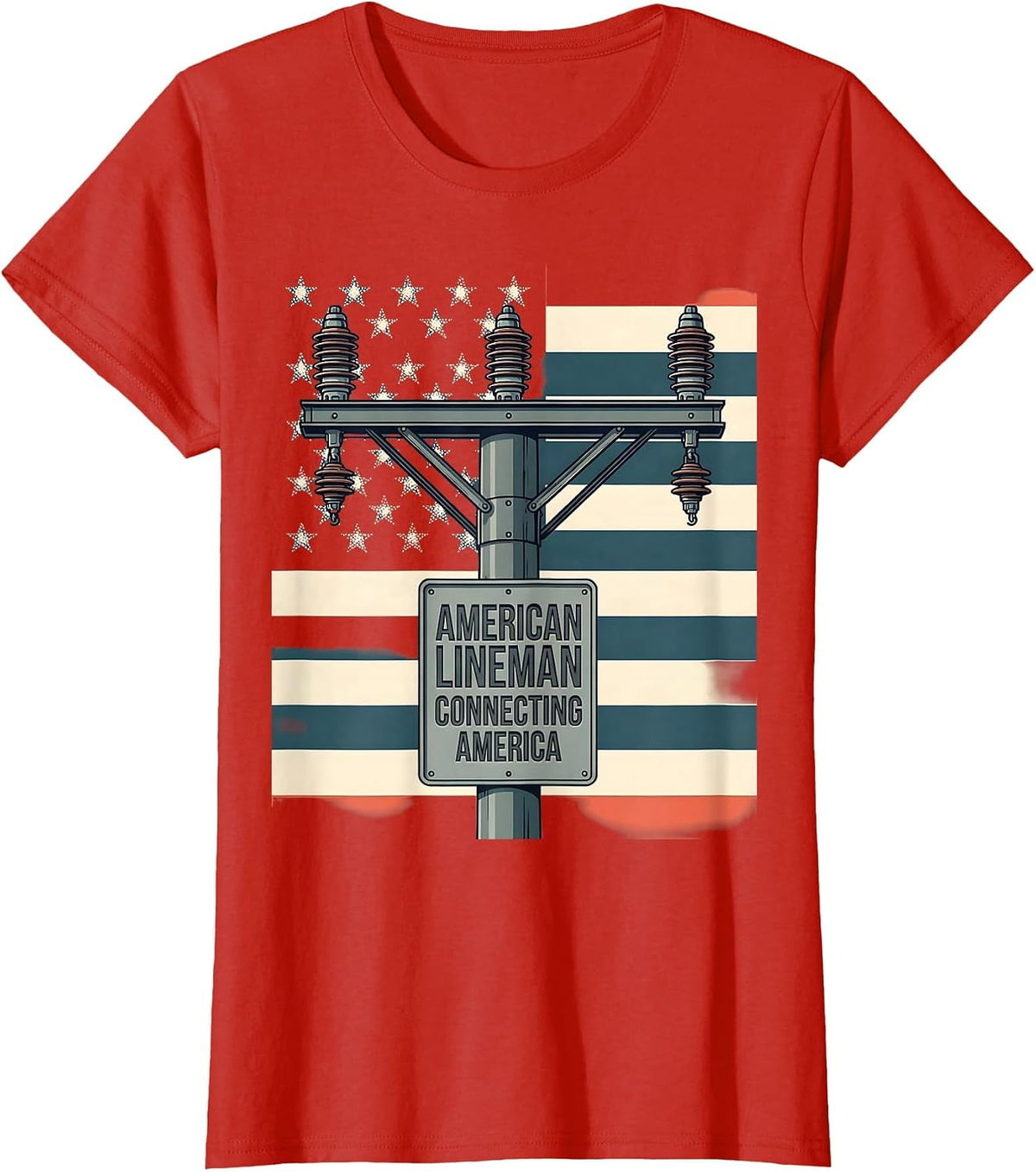 American Lineman Connecting America Flat Vector Patriotic T-Shirt - Red