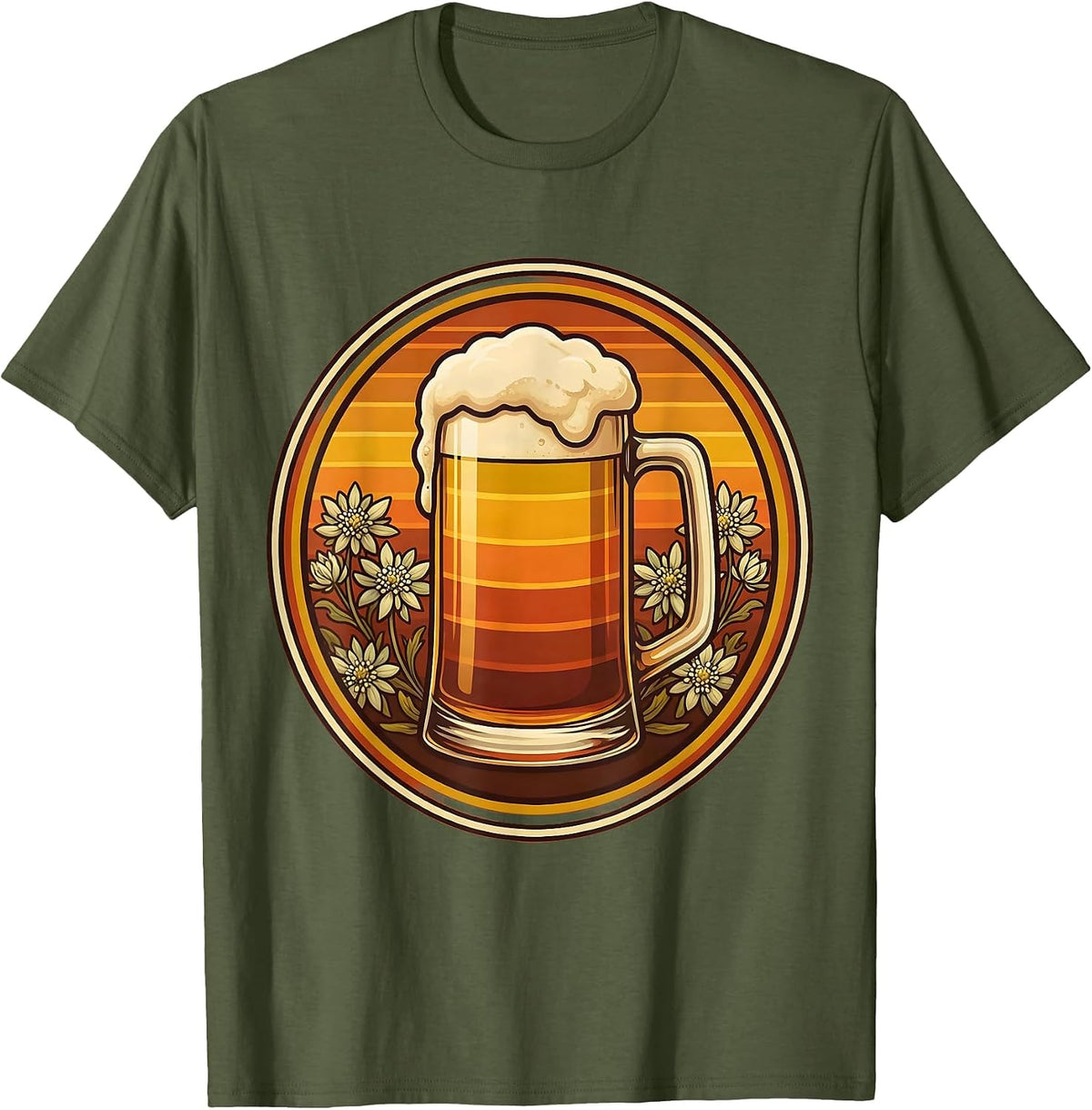 Oktoberfest Edelweiss Beer Mug Illustration T-Shirt - Olive Green