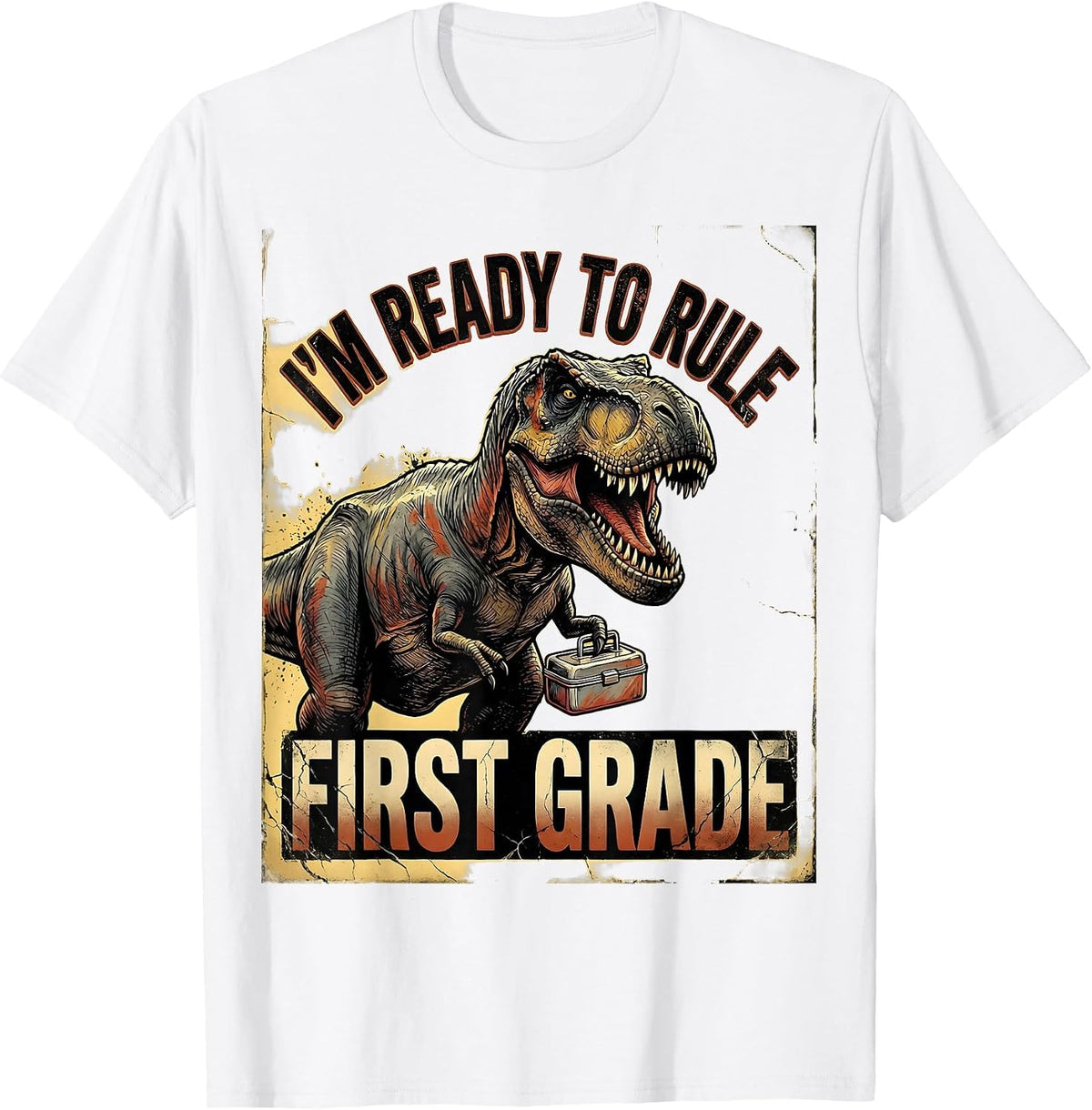 Men's I'm Ready To Rule First Grade Distressed Dinosaur Back T-Shirt - White