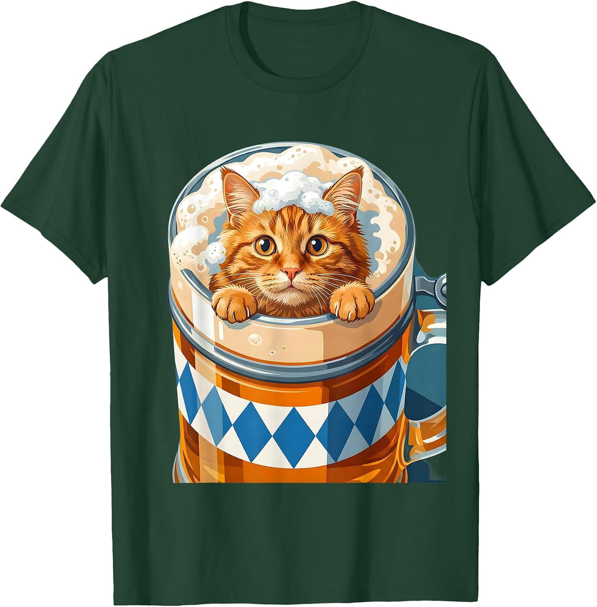 Men's Funny Oktoberfest Cat Peeking Into Beer Stein T-Shirt - Dark Green