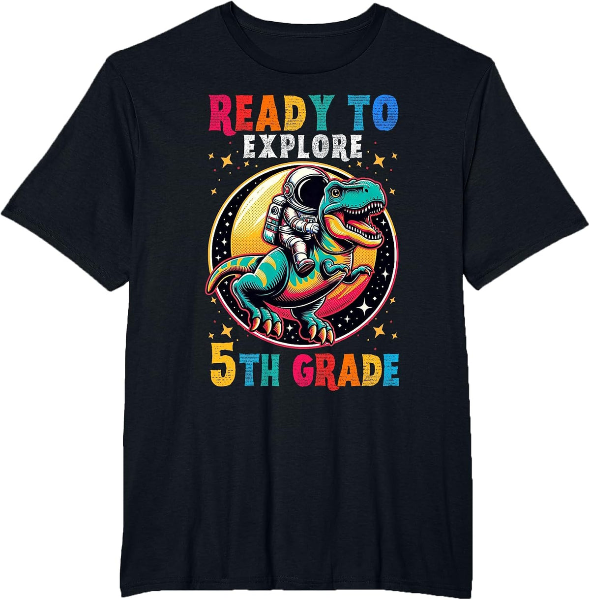 First Day Back to School 5th Grade Astronaut Dinosaur Boys T-Shirt - Black