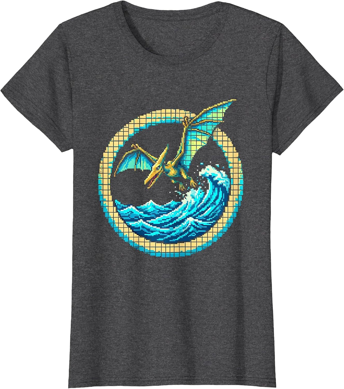 Women's Pterodactyl Diving Over Ocean Waves Dinosaur T-Shirt - Dark Heather Grey