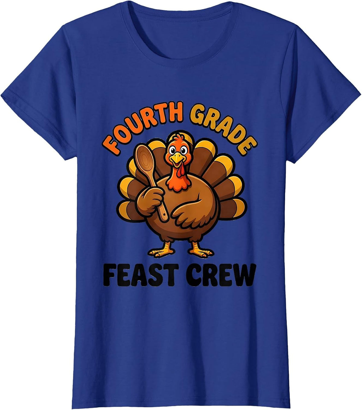 Women's Fourth Grade Feast Crew Cartoon Teacher Thanksgiving Crew T-Shirt - Royal Blue