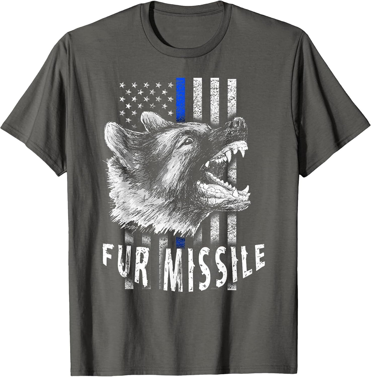 Fur Missile K-9 T-Shirt Vertical Thin Blue Line Flag T-Shirt - Asphalt Grey