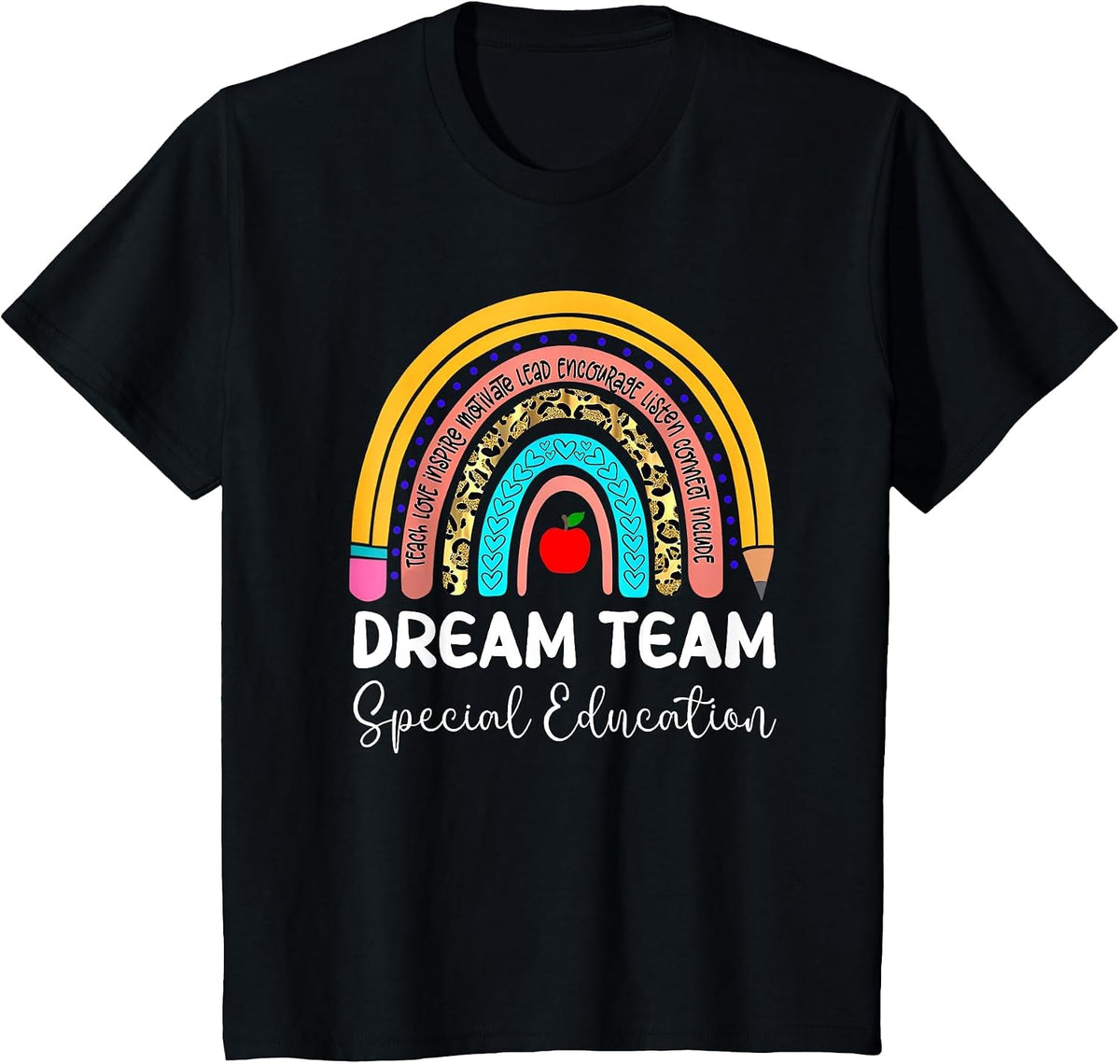 Dream Team Special Education Boho Rainbow Leopard SPED ECSE T-Shirt - Black