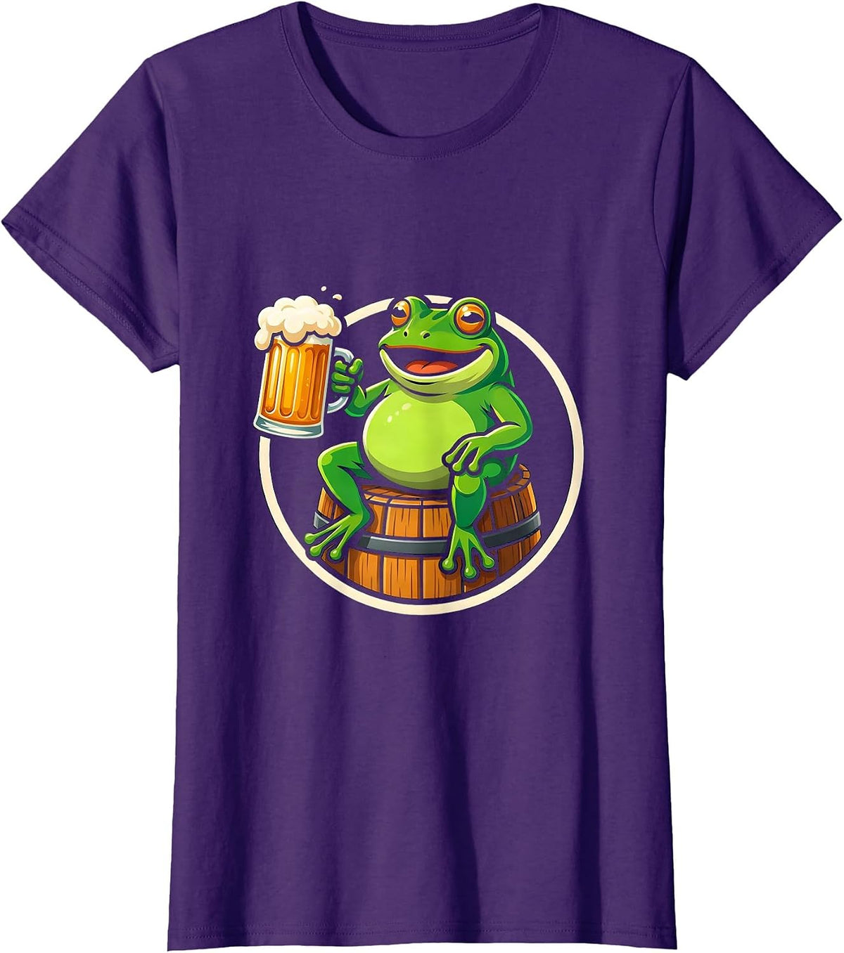 Women's Frog on a Barrel Beer Drinking Illustration T-Shirt - Purple