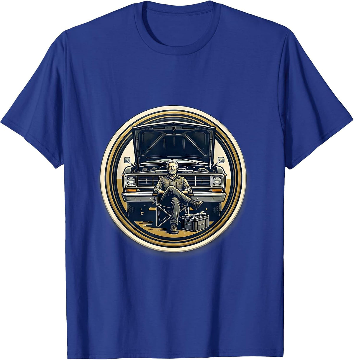 Classic Car Guy Vintage Pickup Mechanic Emblem T-Shirt - Royal Blue