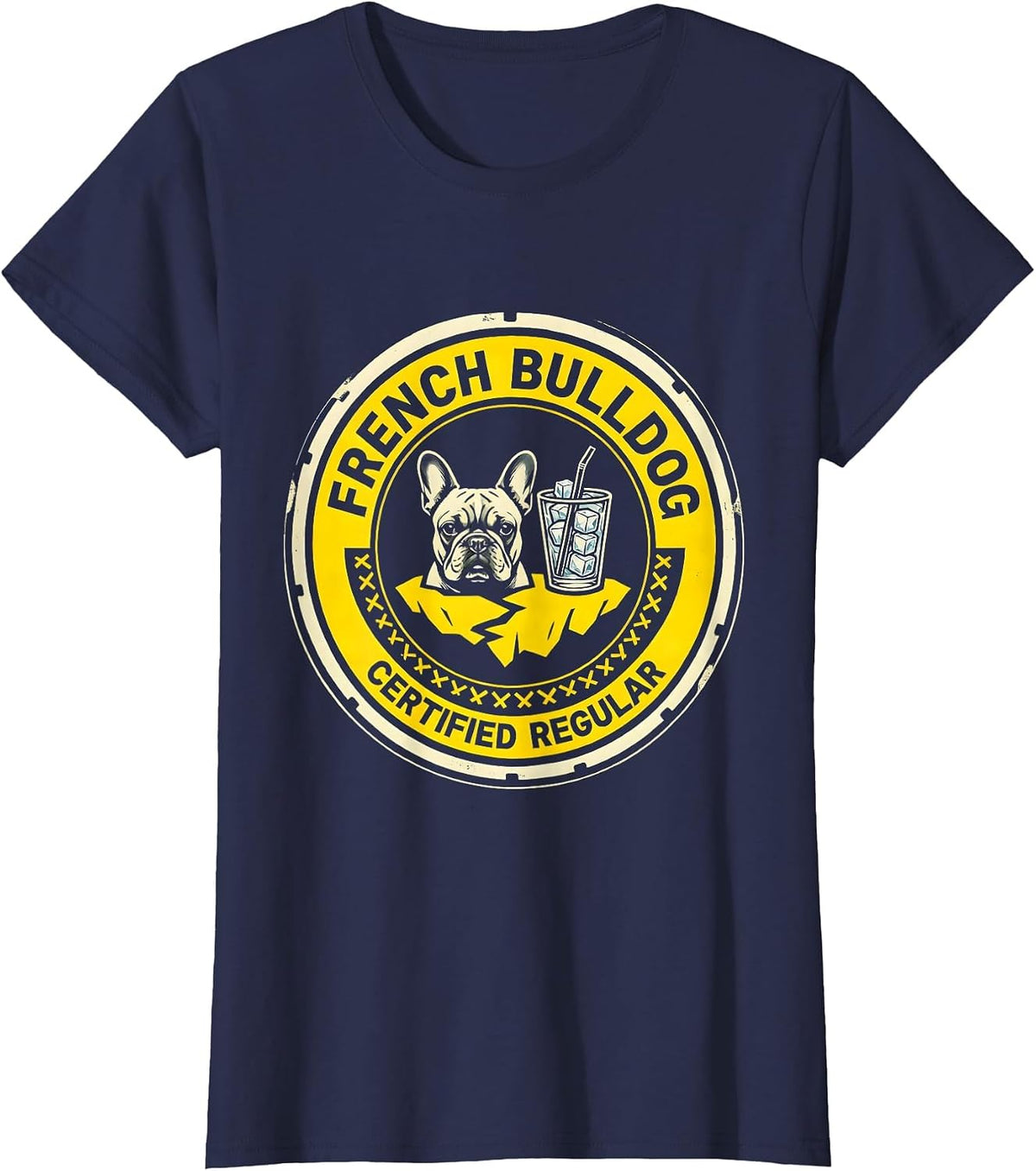 Women's French Bulldog Certified Regular Stencil Graphic Dog Lover T-Shirt - Navy Blue