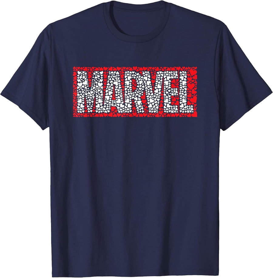 Marvel Logo Red Brick Hearts Valentine's Day T-Shirt - Navy Blue