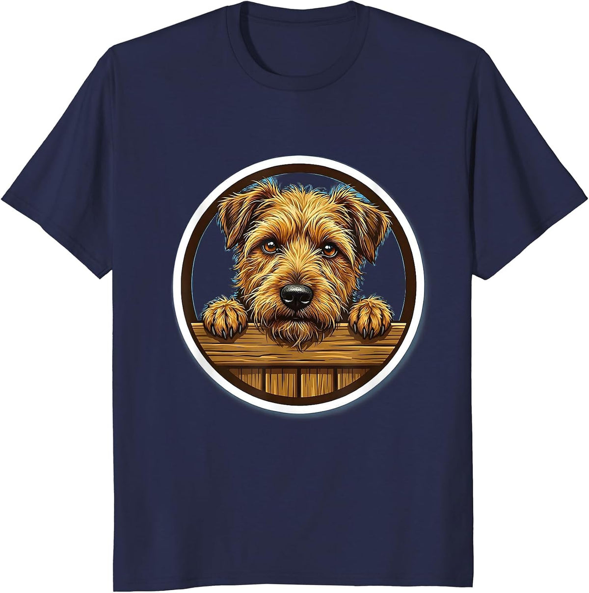 Scruffy Terrier Peeking Over Fence Graphic T-Shirt - Navy Blue