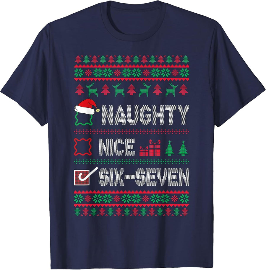 Nice Naughty 67 Funny Brainrot Meme Ugly Xmas Six Seven Boys T-Shirt - Navy Blue