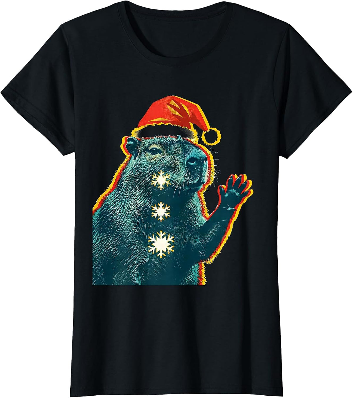 Capybara Santa Hat Risograph Holiday Animal Lover T-Shirt - Black