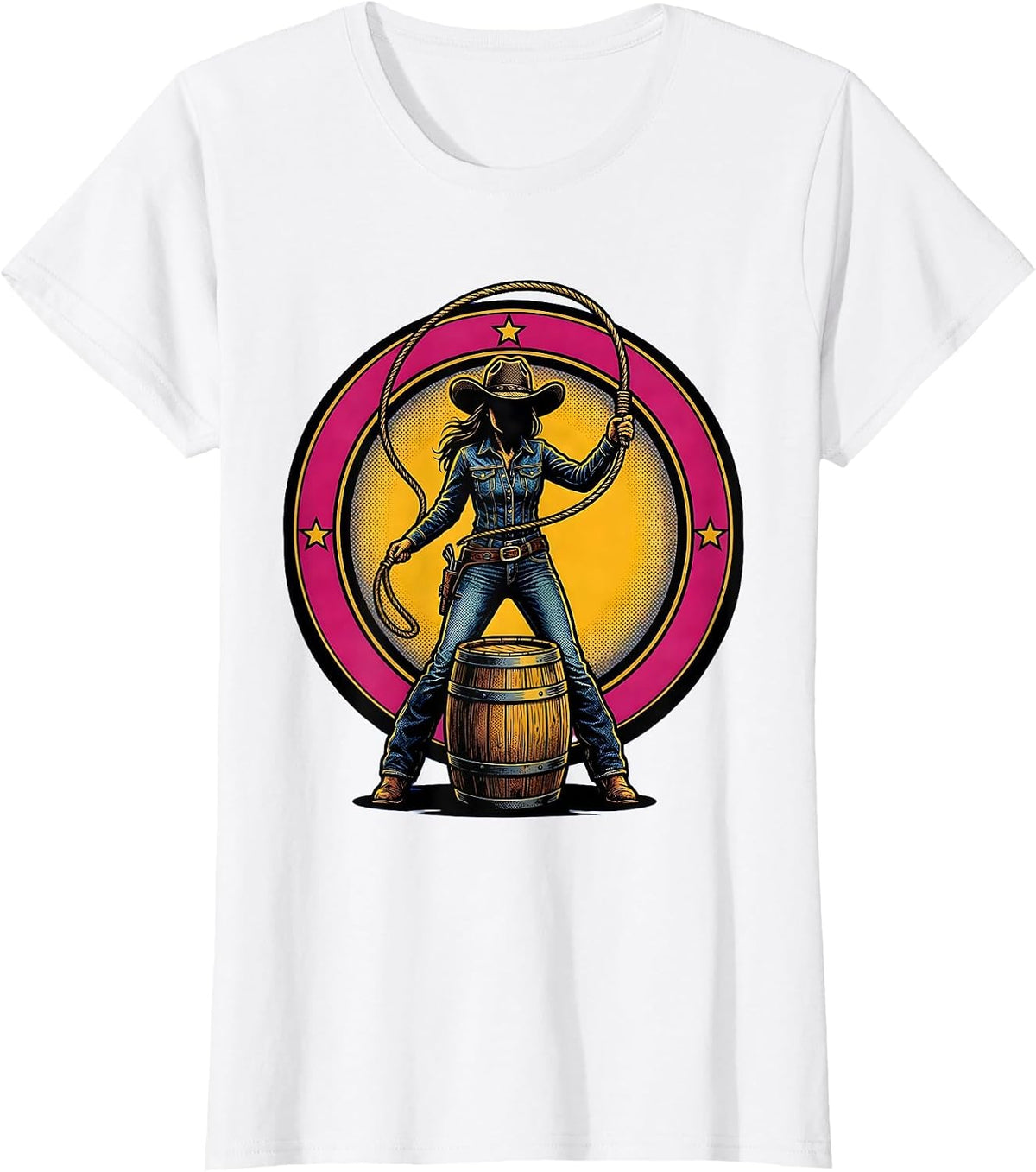 Cowgirl Lasso Beer Barrel Western Graphic T-Shirt - White