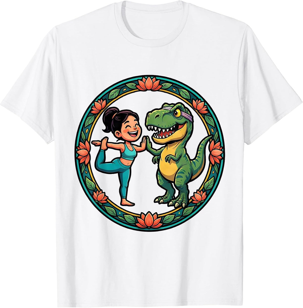 Men's Dinosaur Yoga Partner Funny T-Rex Pose Design T-Shirt - White