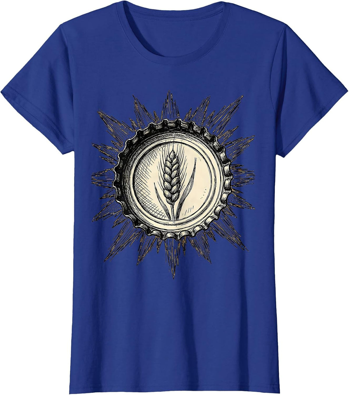 Women's Vintage Beer Bottle Cap Sun Rays Graphic Tee T-Shirt - Royal Blue