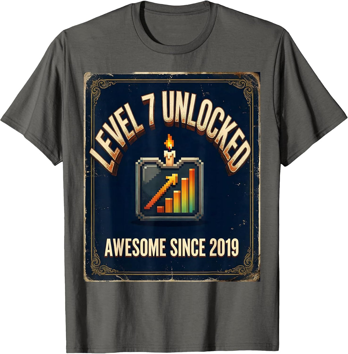 LEVEL 7 UNLOCKED AWESOME SINCE 2019 Vintage Gaming Birthday T-Shirt - Asphalt Grey