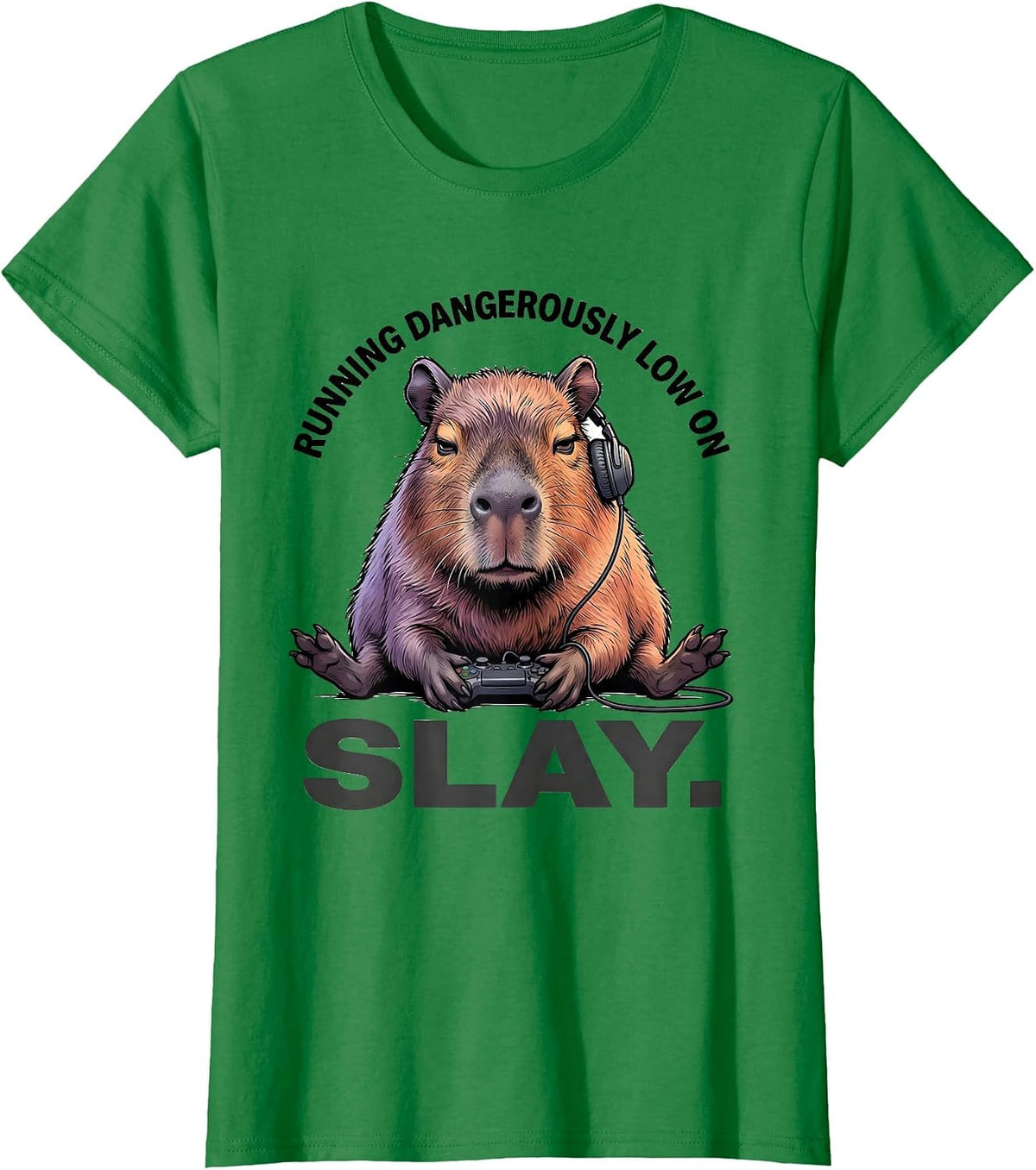 running dangerously low on slay Funny Capybara Gamer Meme T-Shirt - Kelly Green