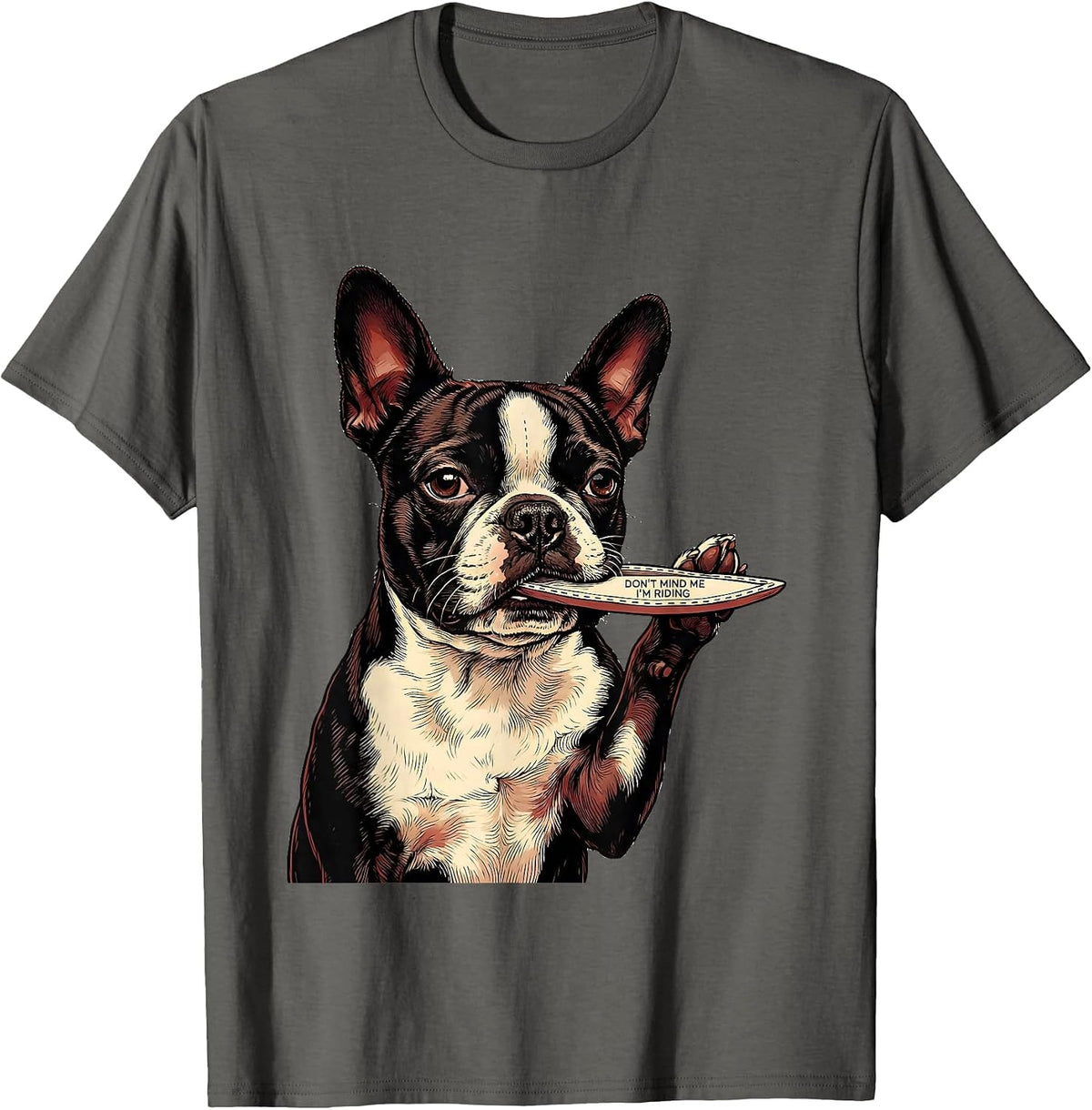 Don't Mind Me, I'm Riding Boston Terrier Puppy Pocket T-Shirt - Asphalt Grey