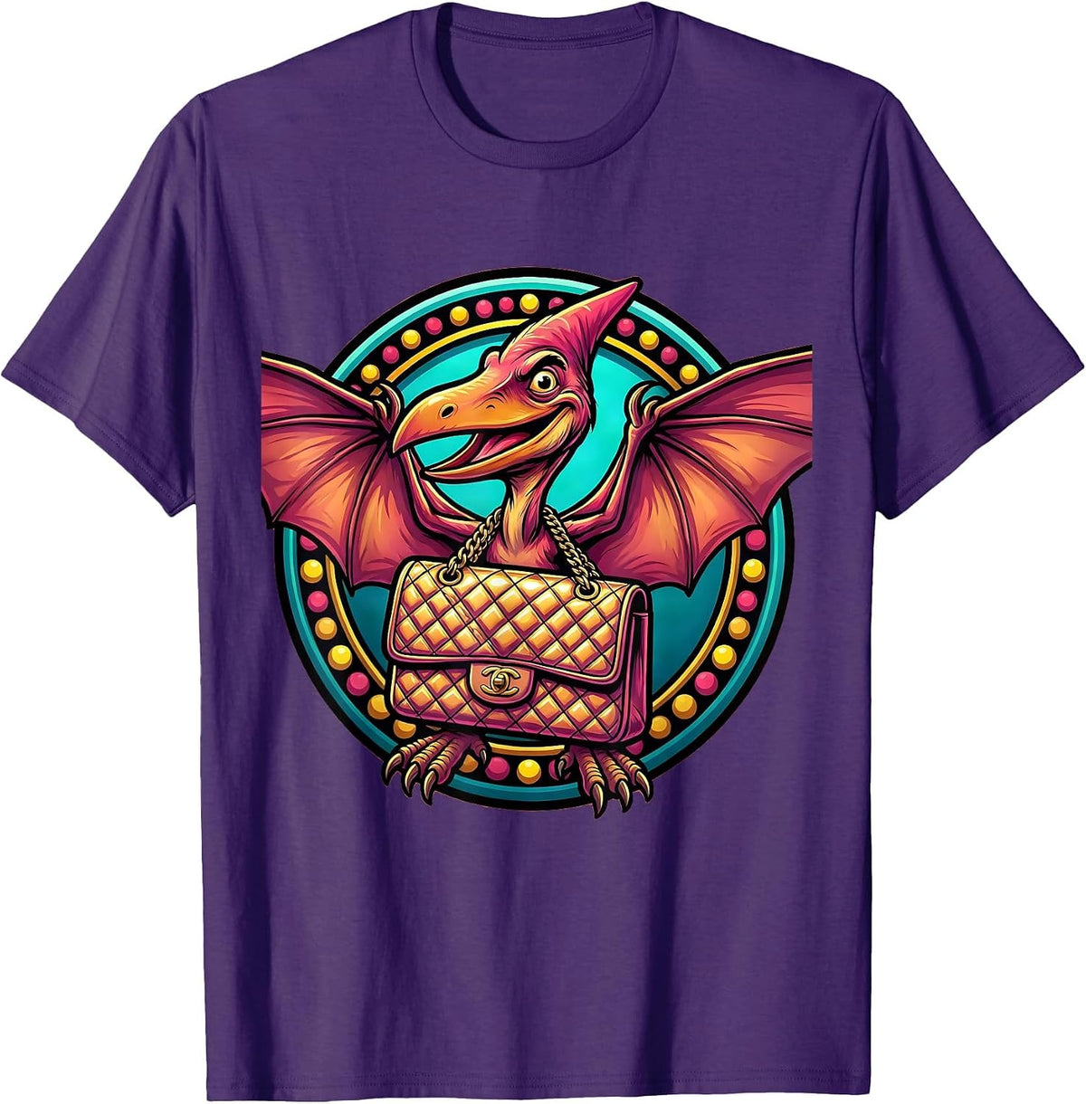 Pterodactyl Handbag Dinosaur Illustration T-Shirt - Purple