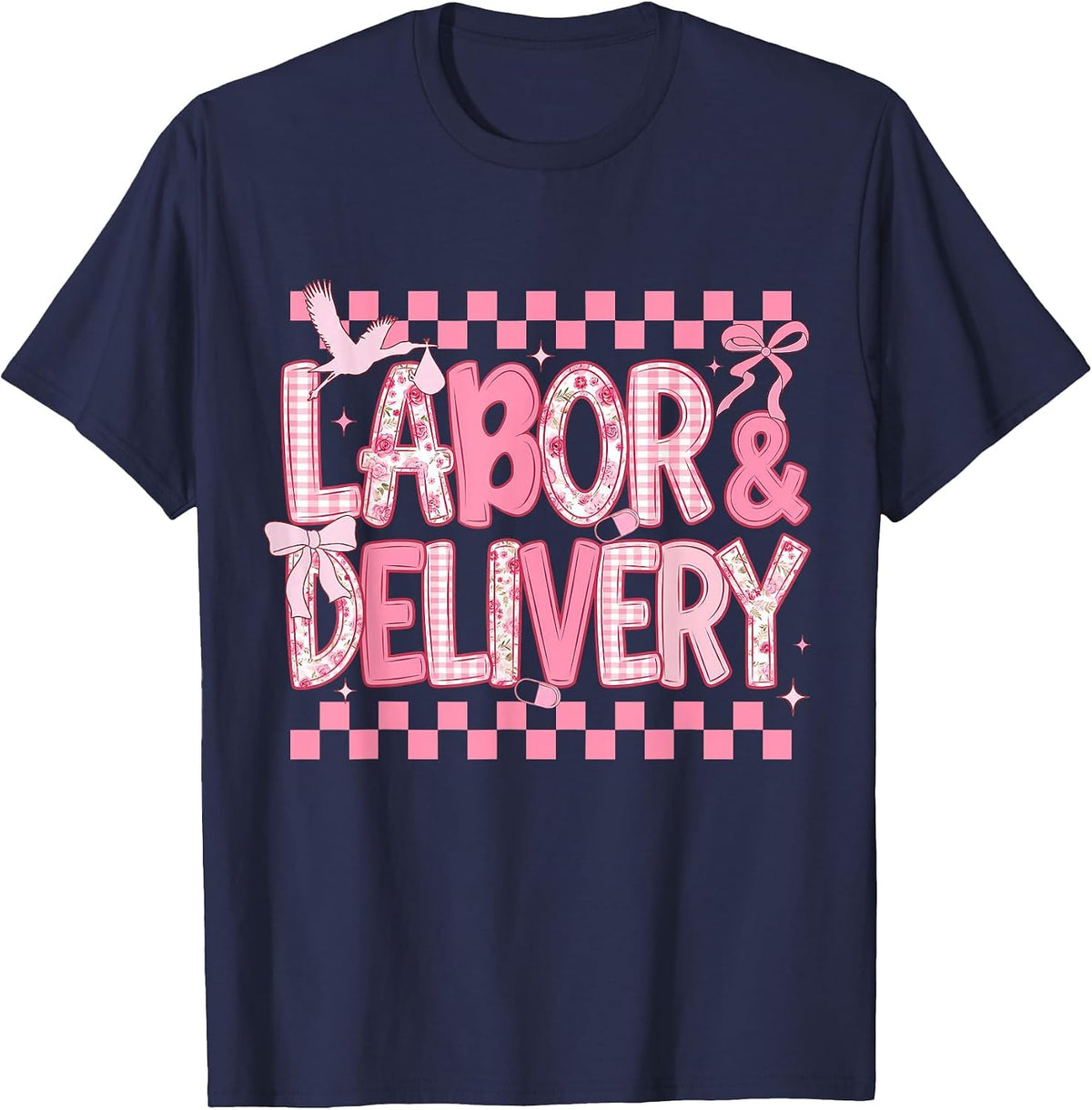 Mother & Baby Coquette Pink Bow Labor and Delivery Nurse T-Shirt - Navy Blue