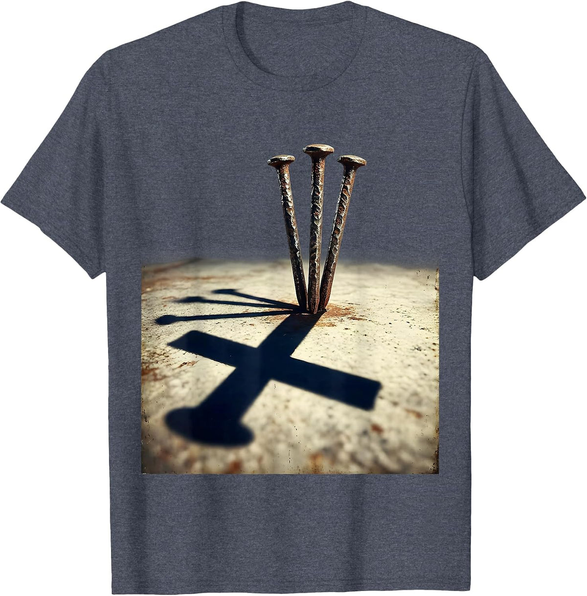 Three Nails Cross Shadow Faith Graphic Design T-Shirt - Heather Blue