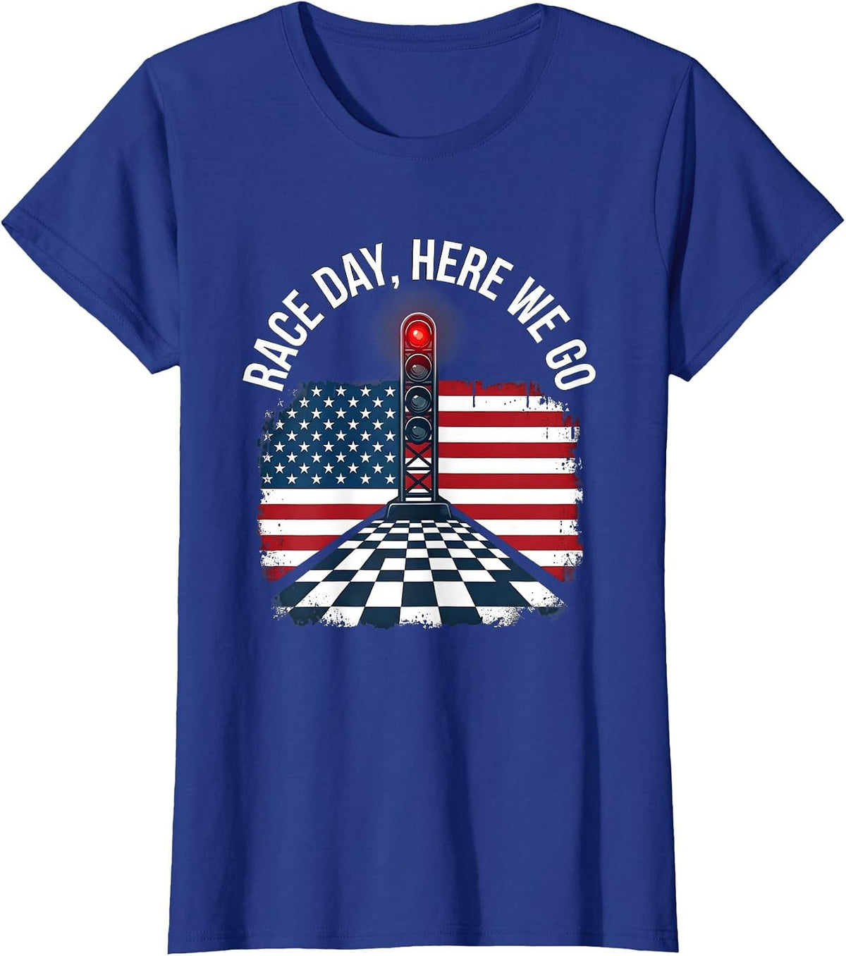 Women's Race Day Here We Go Patriotic Checkered Flag Drag Racing Fan T-Shirt - Royal Blue