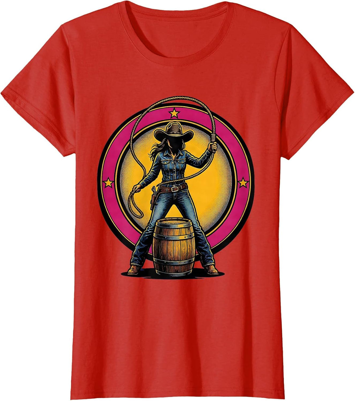 Cowgirl Lasso Beer Barrel Western Graphic T-Shirt - Red