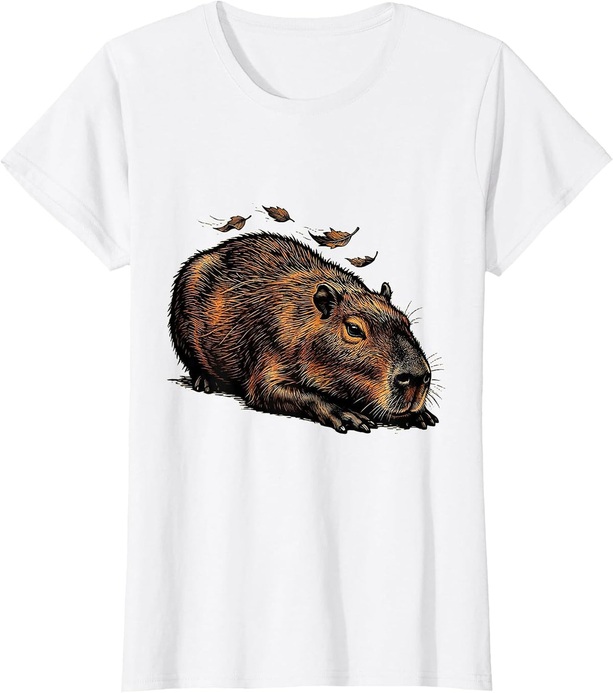 Women's Capybara Linocut Animal Humor Meme T-Shirt - White