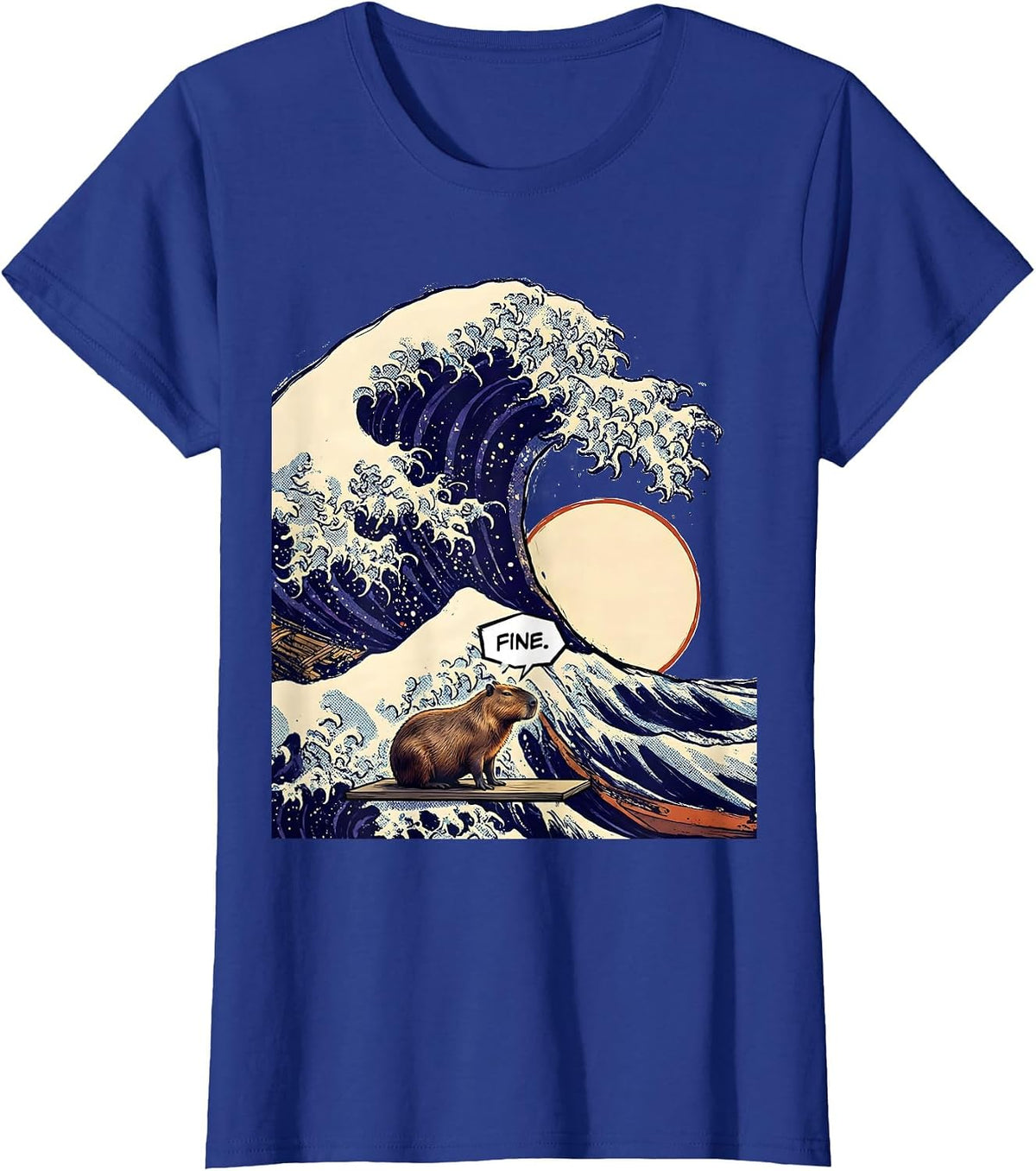 Women's Fine Comic Book Capybara Surfing Great Wave Animal Lover T-Shirt - Royal Blue