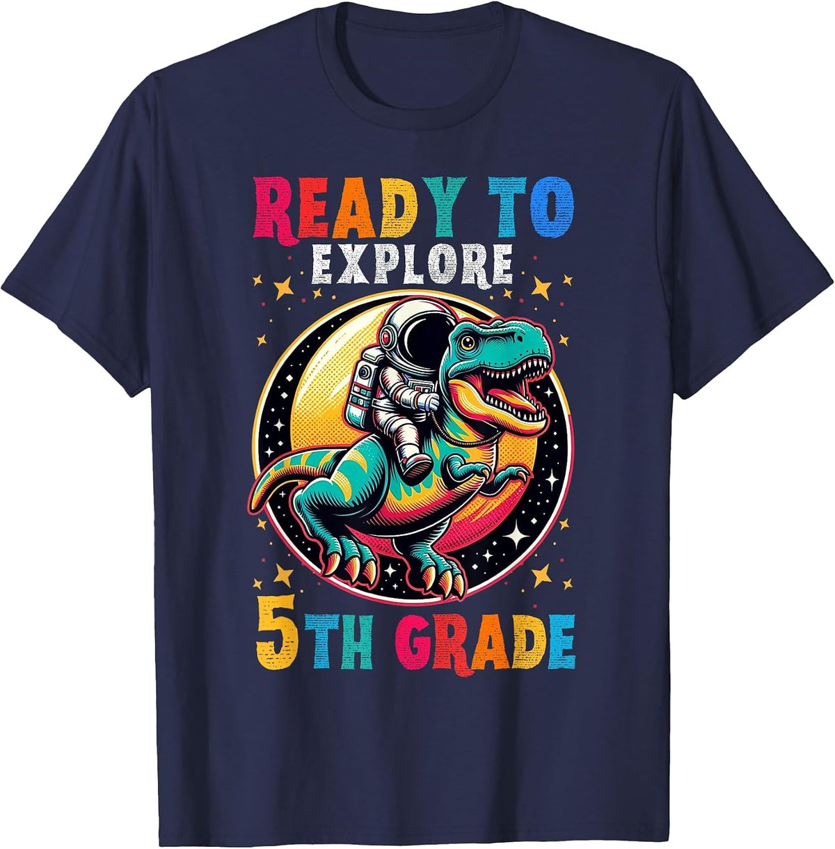 First Day Back to School 5th Grade Astronaut Dinosaur Boys T-Shirt - Navy Blue