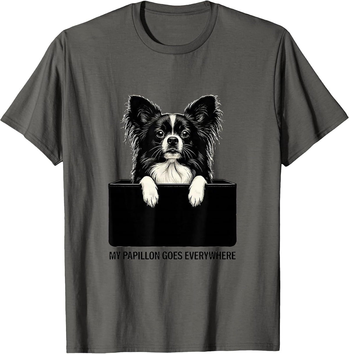My Papillon Goes Everywhere Cute Dog Owner Small Breed Puppy T-Shirt - Asphalt Grey