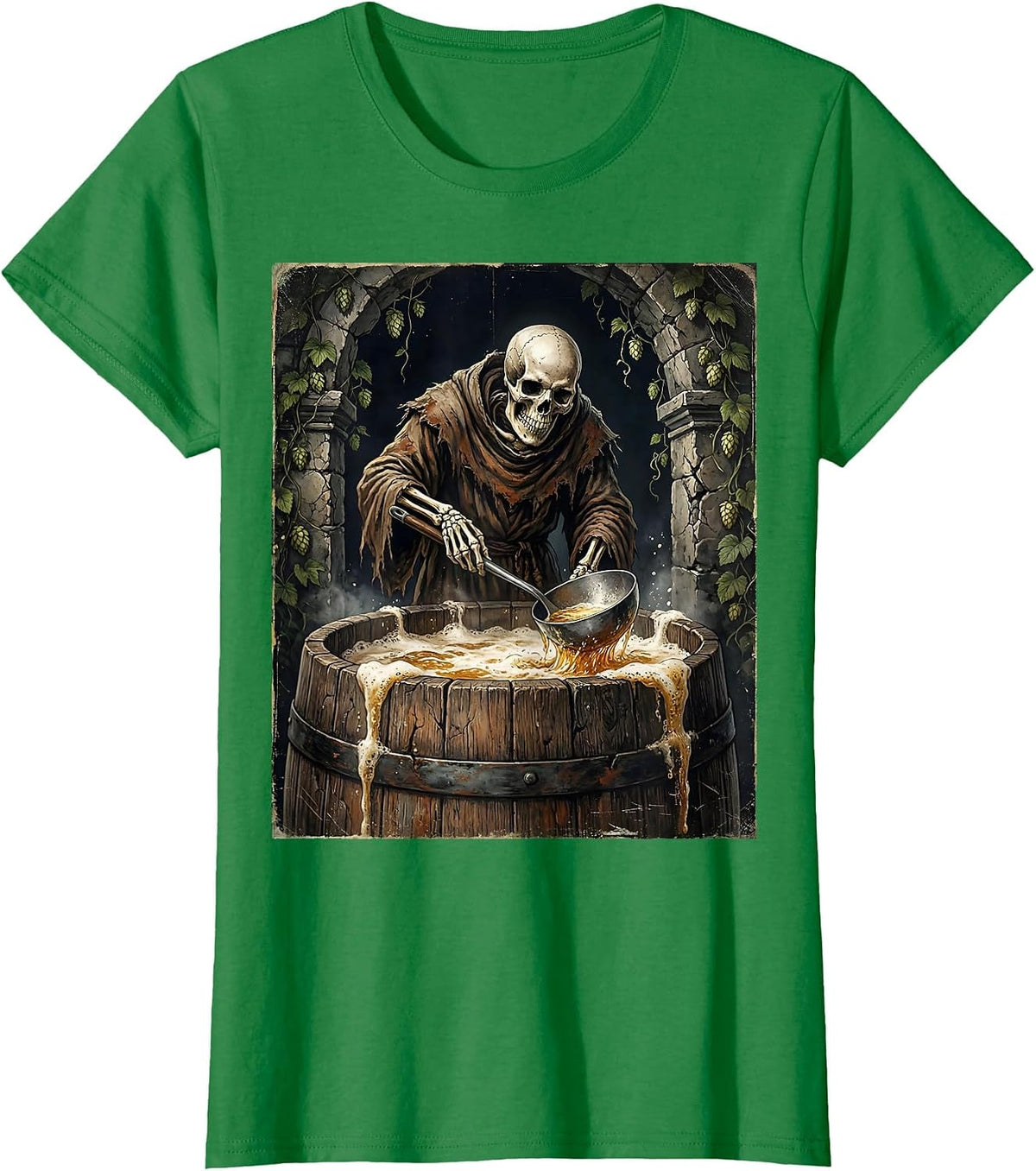 Women's Skeleton Monk Brewing Beer in Cellar T-Shirt - Kelly Green