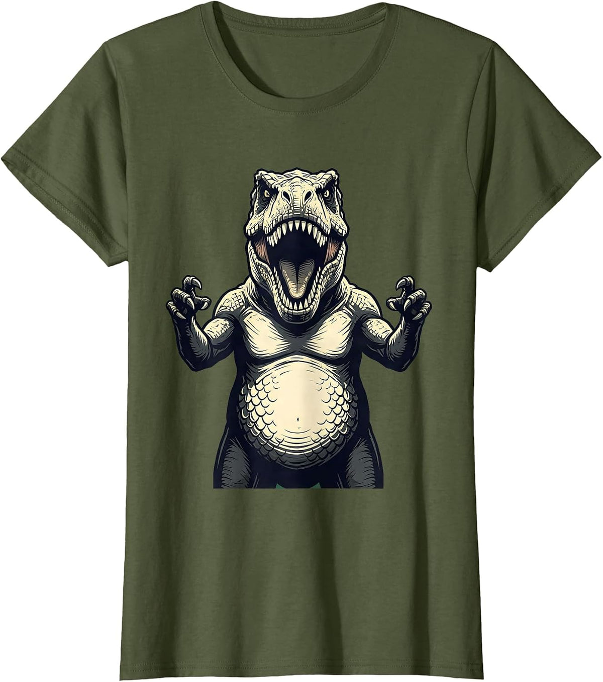 Women's Family Dinosaurs Roaring Together Illustration T-Shirt - Olive Green