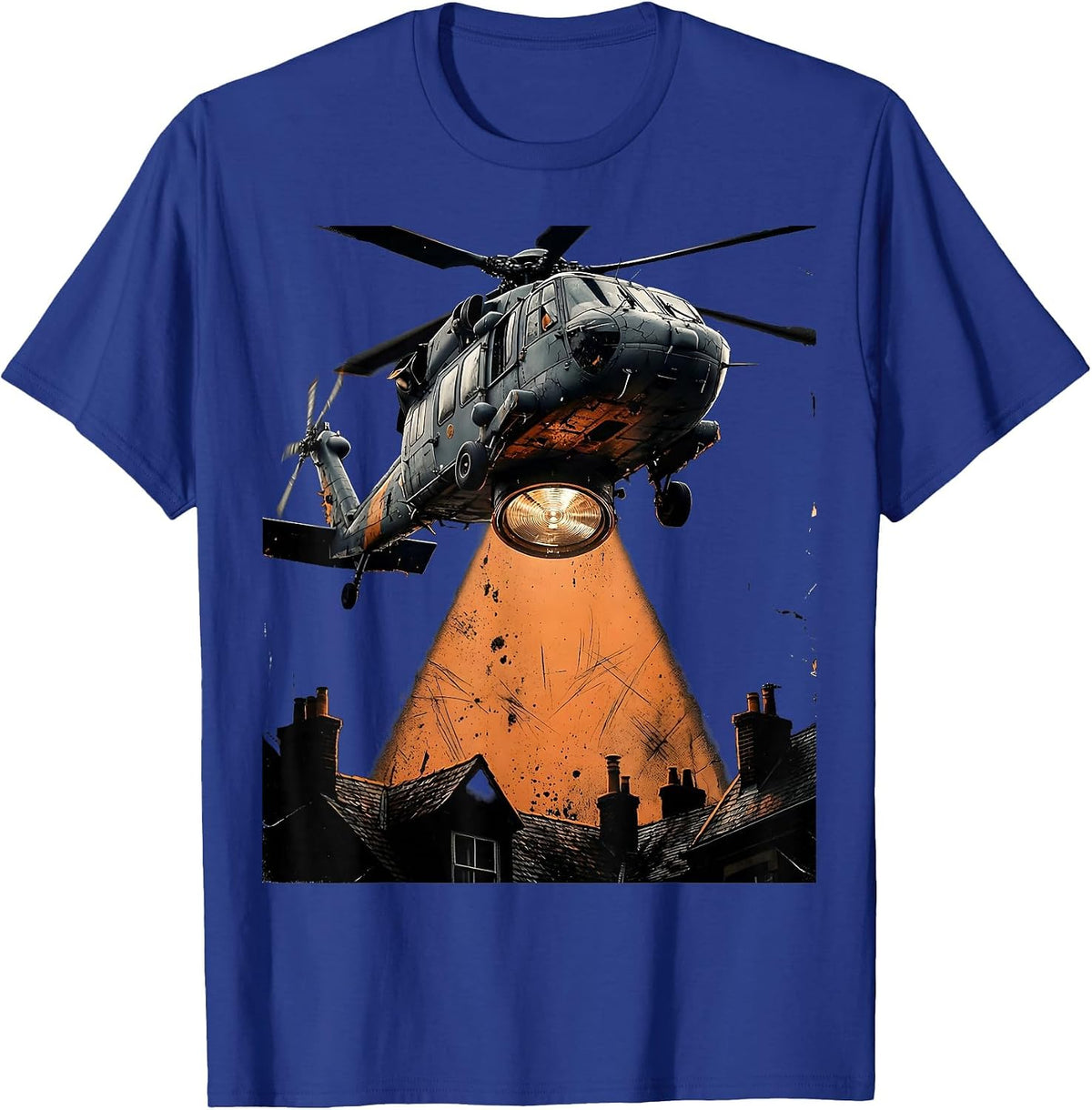 Men's Police Helicopter Searchlight Over Dark Rooftops T-Shirt - Royal Blue