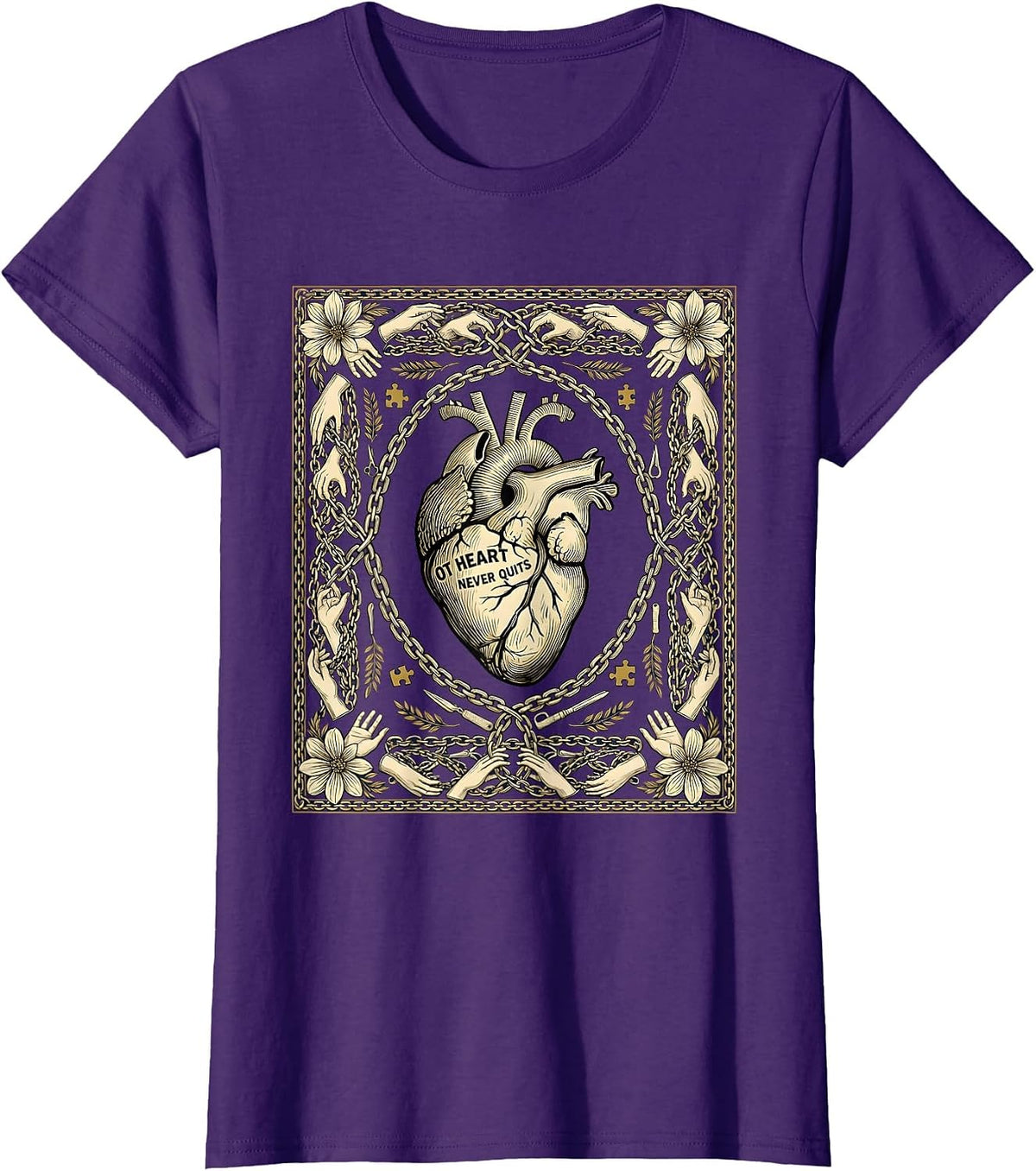 Women's OT Heart Never Quits Occupational Therapy Design T-Shirt - Purple