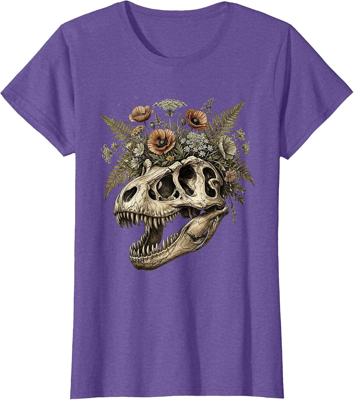 T-Rex Skull Floral Crown Dinosaur Art T-Shirt - Purple Heather