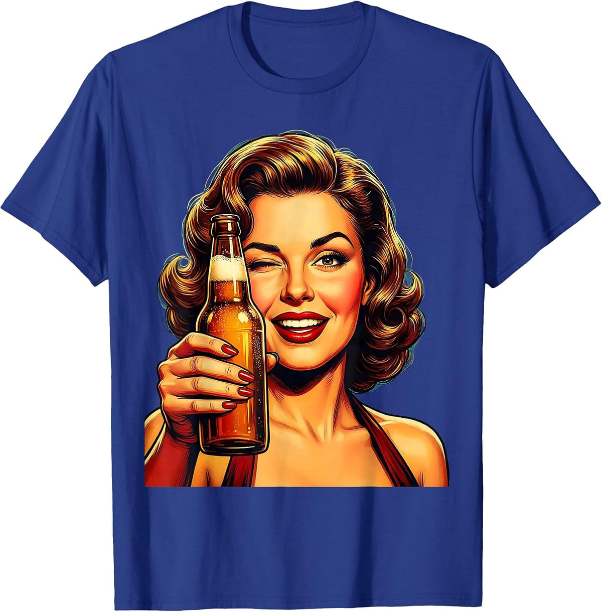 Men's Retro Winking Woman Beer Bottle Graphic T-Shirt - Royal Blue